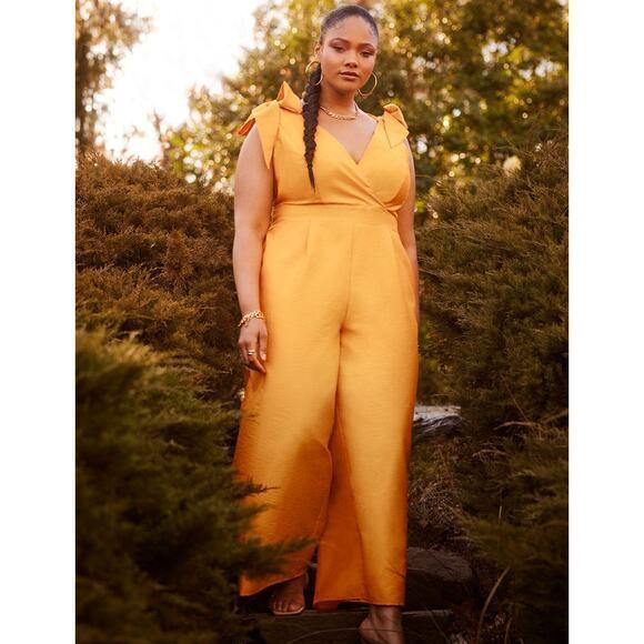 ELOQUII Women's Plus Size Tie Strap‎ Wide Leg Jumpsuit marigold yellow, size 24 - Picture 1 of 16